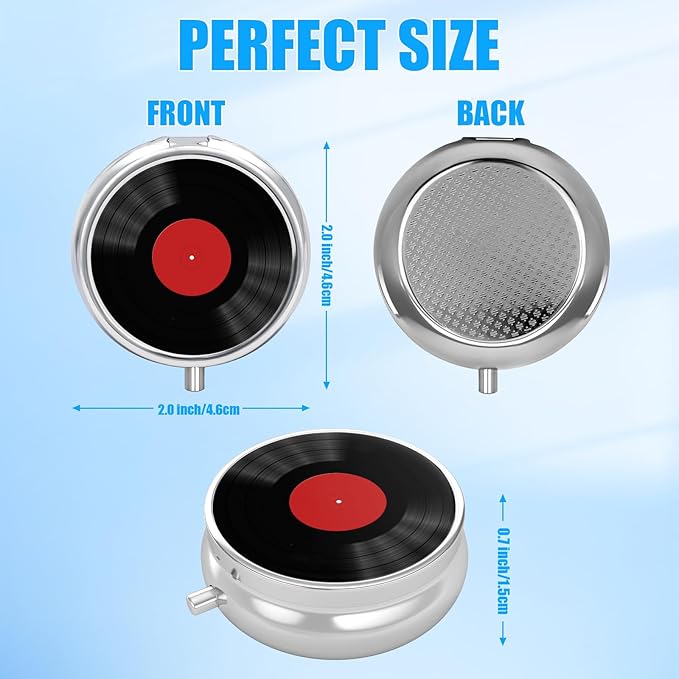 Vintage Vinyl Record Pill Case, Pill Box 3 Compartments Metal Small Pill Holder with Mirror Mini Travel Pill Container for Purse Pocket Women Men