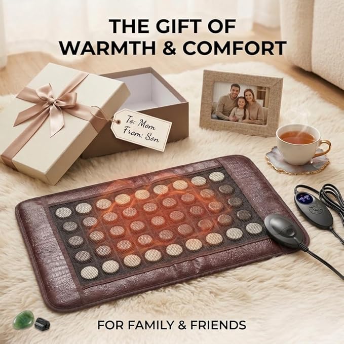 Far Infrared Heating Pad for Back and Shoulder, Jade & Tourmaline Stones, EMF-Reducing, Deep Warming Heat Mat with Adjustable Temperature & Timer for Home Relaxation(2025 Upgraded)