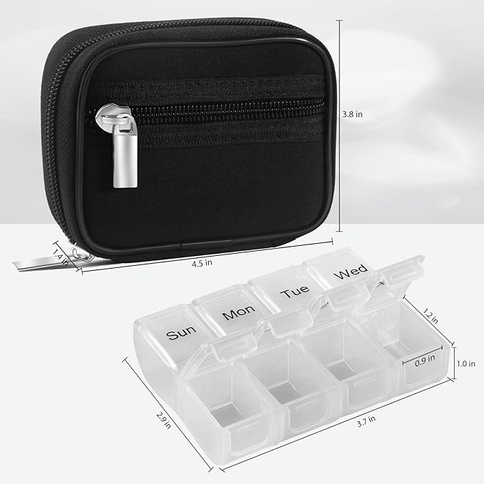 2 Packs Weekly Travel Pill Organizer for Purse with Removable 7 Day Pill Box Premium Neoprene Pill Container for Travel Purse Accessory, Vitamin, Supplement, Small Pieces Arrangement-Black and Cream