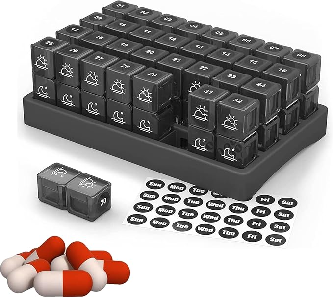 Monthly Pill Organizer 2 Times A Day, One Month Pill Box Am Pm, Portable Pill Case for Travel, Daily Pill Container with 32 Compartments for Vitamins, Fish Oil, Supplements & Medicine