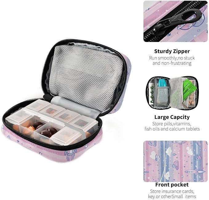 Pink Rockets Satellites Stars Clouds Travel Pill Organizer Case Box Container Weekly Portable Vitamin Medicine Holder Storage Bag with Zipper Removable