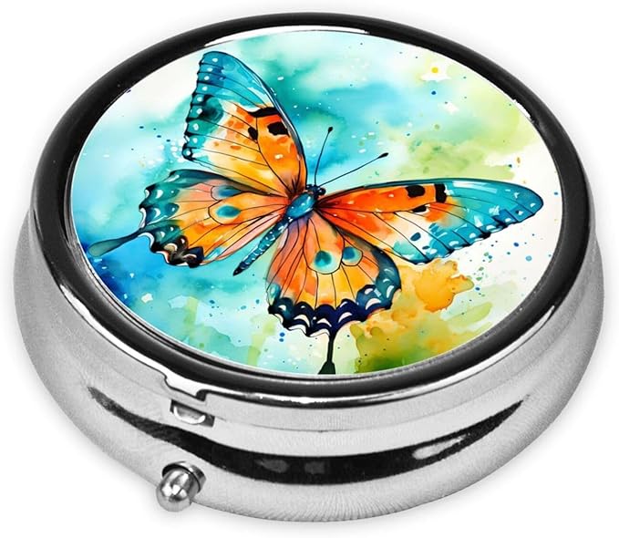 Watercolor Butterfly Art Style Pill Box 3 Compartment Pill Case, Portable Medicine Pill Organizer for Pocket Purse Pill Box Decorative Metal Medicine Vitamin Organizer