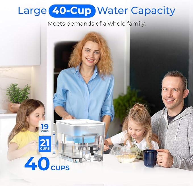 Waterdrop Alkaline 40 Cup Dual Filter Dispenser, 8X Faster Filtration, 200-Gallon Lifespan, Mineralized Alkaline Water, for Home/Office, 2 Built-in Filters, Reduces Chlorine, White