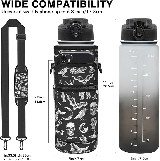 Goth Half Gallon Water Bottle with Sleeve -Flip Top Bpa Free 32 OZ - Motivational Time Marker Leakproof Water Jug - Goth Gifts for Women - Halloween Witchy Gothic for Gifts