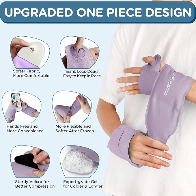 Comfytemp Wrist Ice Pack Wrap for Carpal Tunnel Relief, 2 Gel Packs, Hot Cold Compression Brace for Hand Injuries Reusable, Tendonitis, Men Women Recovery Item (Purple)