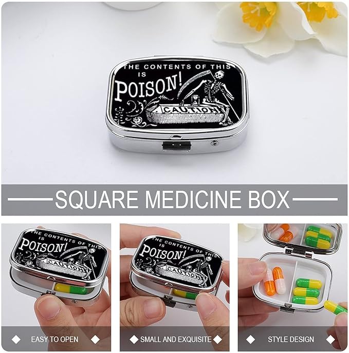 Metal 2 Compartment Pill Organizer Travel Friendly Portable Compact Box Cute Case to Hold Vitamins/Tylenol/Fish Oil/Supplements/Meds/Tablet (Poison Caution), 1.97 x 0.79 x 0.39 Inch