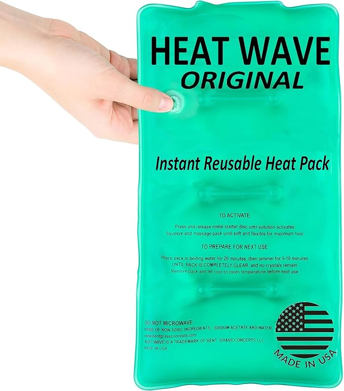 HEAT WAVE Instant Heat Packs Medium (5×9”)- Medical Grade Reusable Green 1-Pack Fast and HOT - Made in USA for Muscle Aches, Back, Arm, Shoulder, Pain Relief, Warmth on The Go; Heating Pad Click Heat