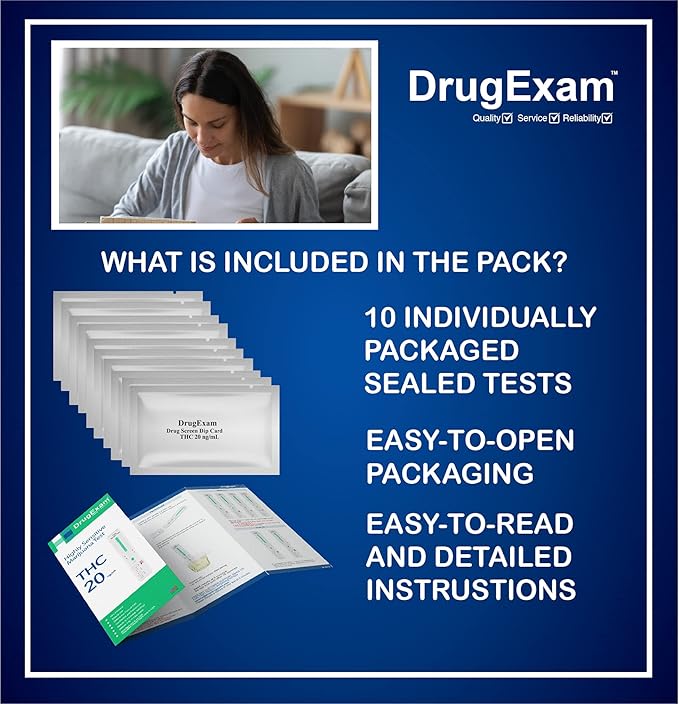 10 Pack - DrugExam Highly Sensitive Marijuana THC 20 ng/mL Single Panel Drug Test Kit - Marijuana Drug Test with 20 ng/mL Cutoff Level for Detecting Any Form of THC in Urine up to 45 Days (10)