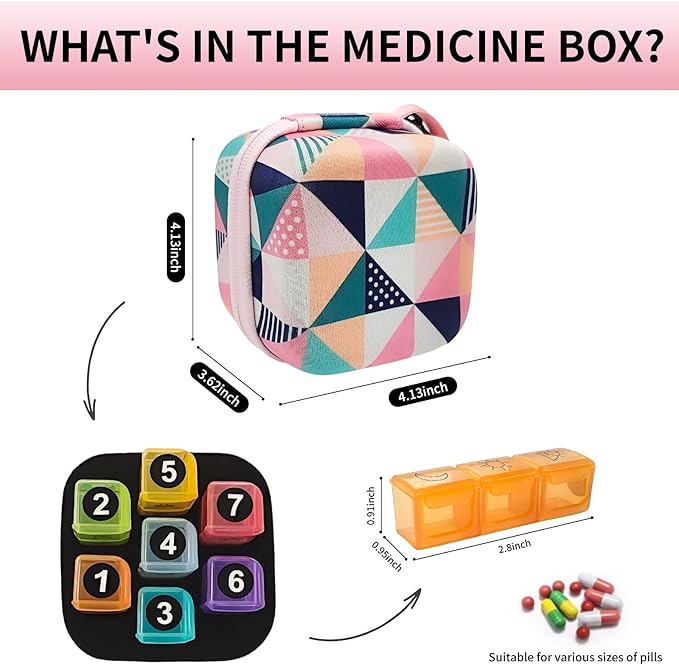 Weekly Pill Organizer, 7-Day Medicine Box with Hard Shell Case, 3 Times Daily Dosage Schedule, Plastic Rectangular Design, Includes Pill Cutter and Weekly Stickers,Multicolor