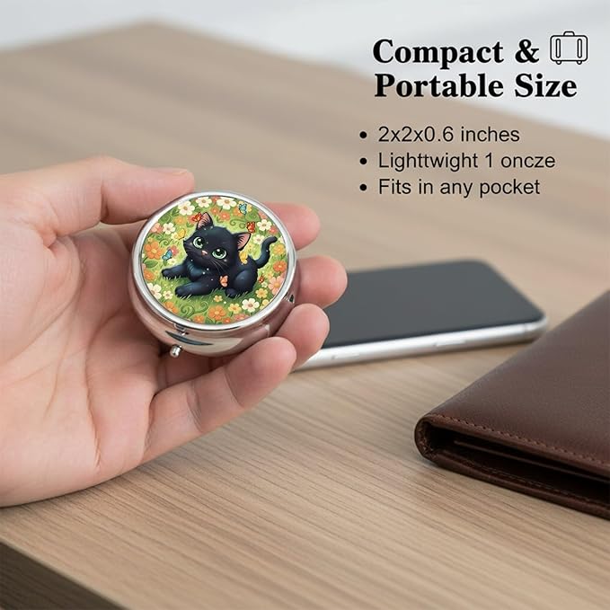 Round Pill Case Small Pill Box with Mirror Pocket 3 Compartment Vitamin Pill Medicine Case Organizer Pill Containers for Traveling Garden Cute Black Cat
