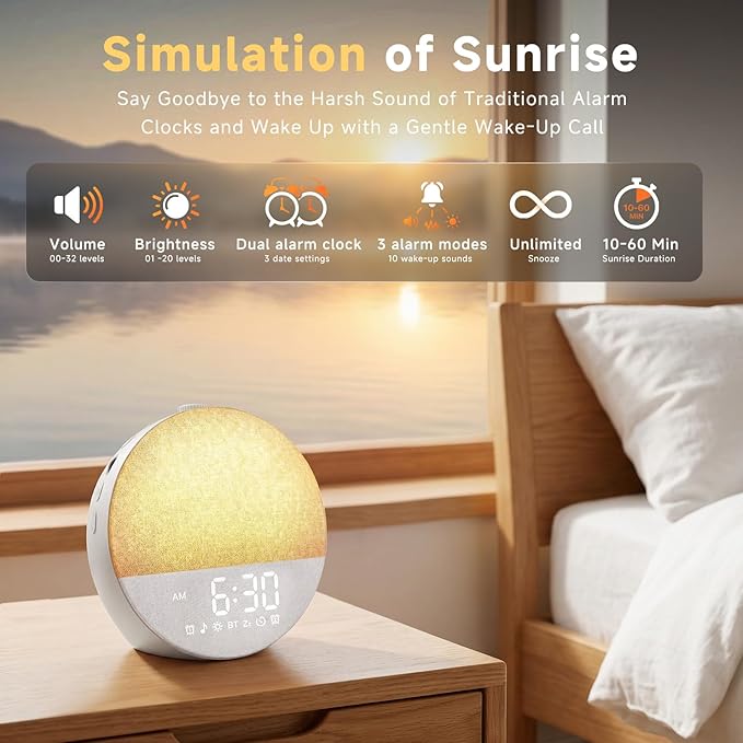 Sunrise Alarm Clock White Noise Machine | Natural Wake-Up Light for Bedroom with 30 Soothing Sleep Aids, Bluetooth Speaker, Dimmable Clock, Screen-Free Design for Baby Adults Kids-White