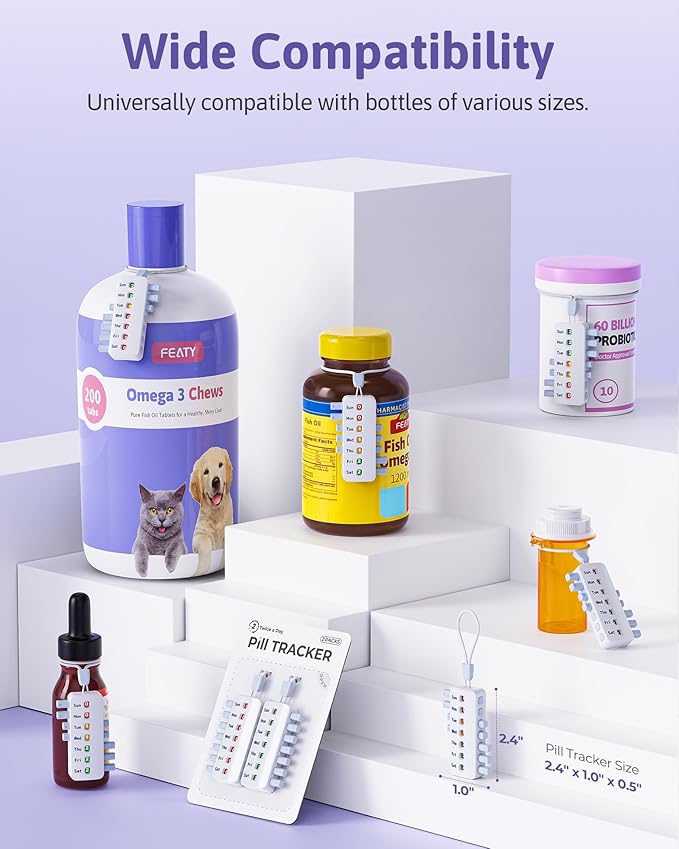 FEATY Pill Reminder 2 Times a Day for Meds Bottles, Arthritis-Friendly Pill Tracker, Reusable Medication Tracker for Pet Meds Without Filling, Compact & Anti-Slide Medication Reminder, 2 Packs