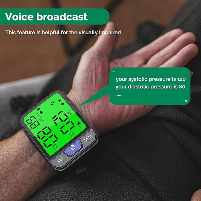 Wrist Blood Pressure Monitor for Home Use Automatic Wrist Bp Monitor with Voice, Digital 3 Color Backlit LCD Display 240 Readings for Dual Users Portable Adjustable Cuff Bp Machine