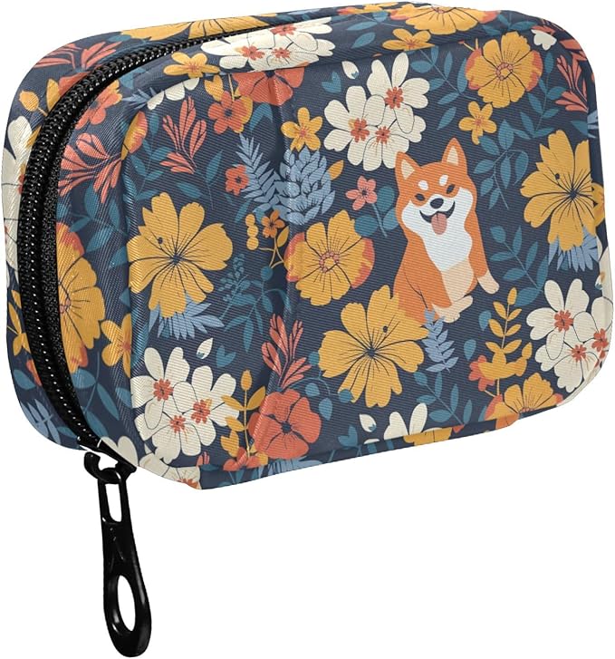 Fustylead Cute Cartoon Shiba Inu and Beautiful Flowers Pill Organizer Travel Portable Zipper Cloth Bag for Holding Weekly Supplements Vitamins and Fish Oils