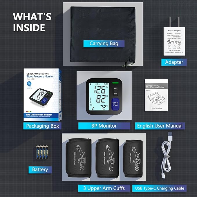 Upper Arm Blood Pressure Machine - 3 Size Cuffs, Small 7"-9", Medium 9"-17" and Extra Large XL 13"-21" for Big Arms, Accurate Automatic Digital BP Machine for Home Use, Large Display, 3 Users
