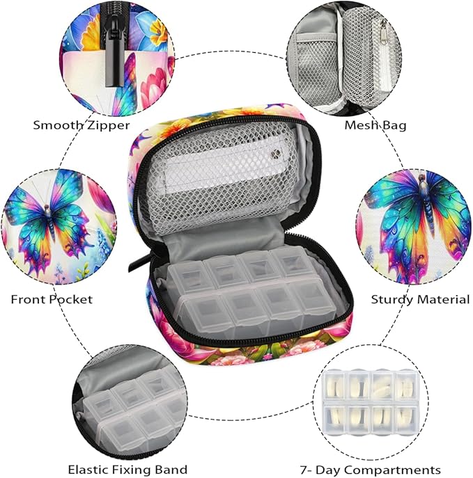 Butterfly Color Flower Pill Case Travel Pill Organizer Weekly 7 Day Portable with Zipper Medicine Box Pill Case for Vitamins, Birth Control,Fish Oils,Medication, Supplements