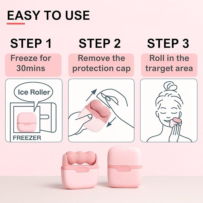 Ice Roller for Face Women 2 in 1 Face & Eye Cooling Massage Roller for Puffiness, Skin Tightening & Migraine Relief – Reusable, Portable Tool (Pink)