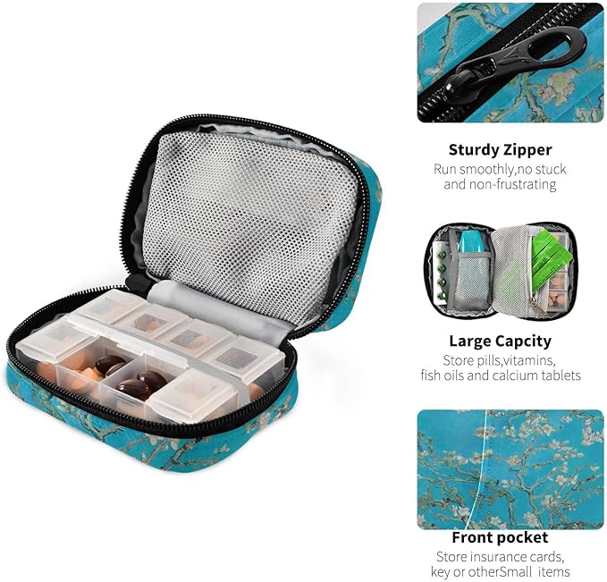 Cute Pill Organizer Weekly Travel Pill Box 7 Day Large Capacity Pill Dispenser with 8 pill Container Daily Vitamin Holder Pill Bottle Organizer Small Pill Case Almond Blosso