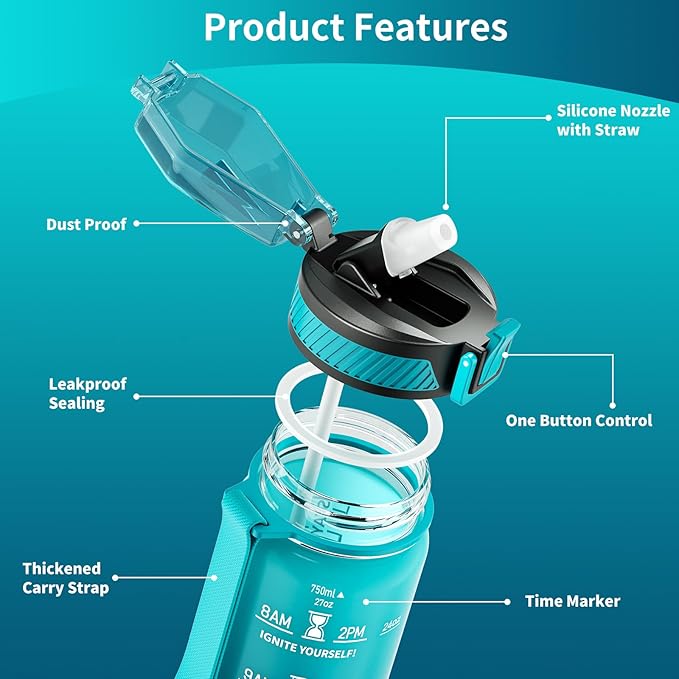 Water Bottle with Straw, 27oz Motivational Water Bottles with Time Marker to Drink, Tritan BPA Free, 750ml Sports Water Bottle with Carry Strap LeakProof for School Fitness Outdoor (1Pack)