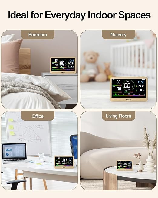 16-in-1 Air Quality Monitor Indoor, 7' Smart Large Display 9 AQI+7 Alarm Alerts, Real Time CO2, Formaldehyde, TVOC, PM2.5, PM10, Temperature & Humidity Portable Battery Powered Tester for Home, Office