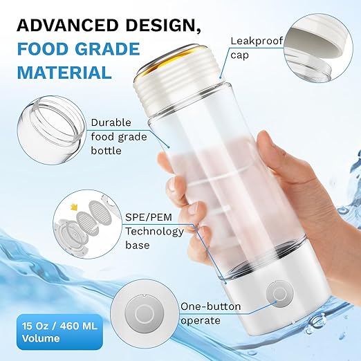 Hydrogen Water Bottle, Up to 2300ppb Molecular Hydrogen Water Machine with Advanced SPE/PEM Technology, 15oz Hydorgen Water Bottle Generator, Suitable for Office Home Gym and Outdoor,CA-303E