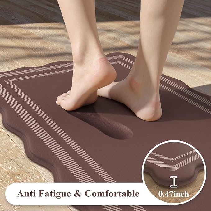 KIMODE Anti Fatigue Kitchen Mats for Floor, Farmhouse Scalloped Rugs for Kitchen Floor, Boho Kitchen Rugs Non Slip, Cushioned Standing Mats for Laundry Office Sink Desk Brown 17"x47"+17"x29"