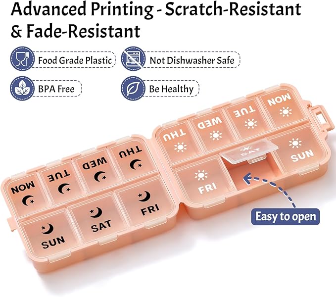 Foldable & Portable Weekly Pill Organizer 2 Times a Day with Clear Printed Labels - 7 Day AM PM Medicine Box, Week Daily Travel Pill Meds Case Holder for Medications, Vitamin, Supplement - Pink