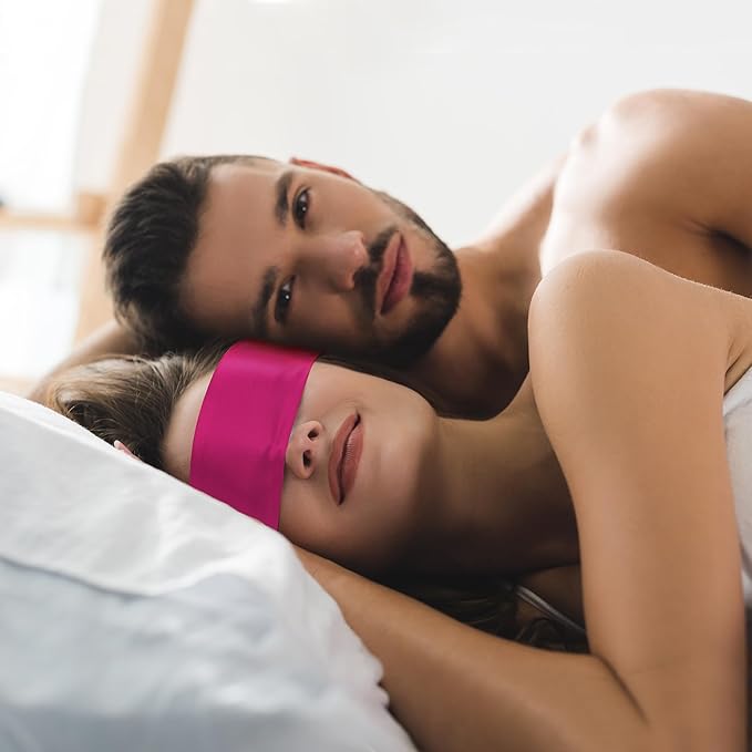 FRESHME Satin Sleep Mask - Lightweight Eye Mask for Sleeping Comfortable Adjustable Eye Blindfold Cover for Women Men Night Travel Nap Valentine's Day Gift Black and Deep Rose Red 160cm/63in