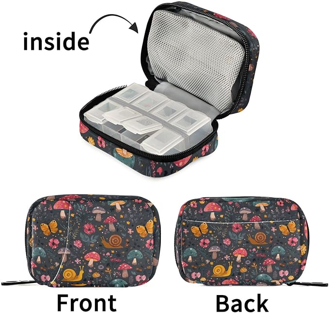 Pill Box Snail Mushroom Palm Leaves 7 Day Pill Case Travel Pill Organizer Bag with Zipper Portable Weekly Vitamin Medicine Supplement Holder Pouch Bag