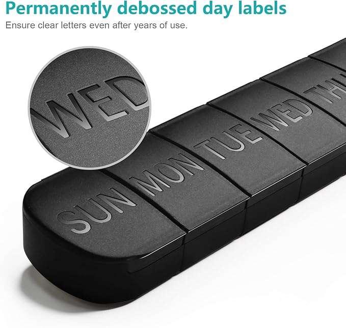 Large Weekly Pill Organizer, 2-Pack 7 Day Pill Box with Debossed Labels, Fade Resistant, BPA-Free Translucent Lids (Black & Black)