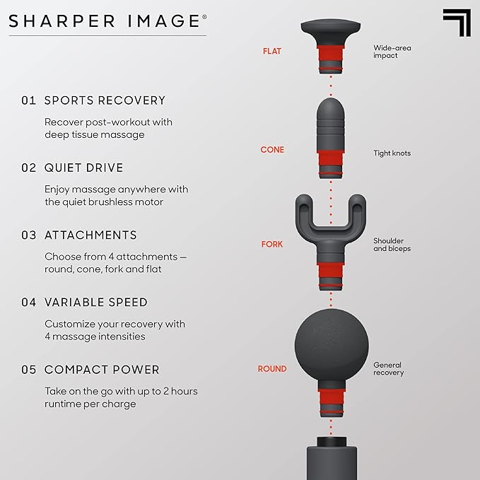 Sharper Image Powerboost Move - Mini Percussion Massage Gun| 4 Attachments, 4 Speeds, FSA Eligible| Full Body Back & Shoulder Massager| Deep Tissue Muscle Recovery| Portable Pain Relief Massage Tool