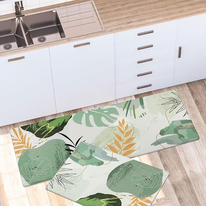 Homcomoda Kitchen Rugs Sets of 2 Cushioned Anti Fatigue Kitchen Mats Sets 2 Piece Kitchen Floor Mats Green Non Slip Waterproof Standing Mat for Kitchen,Sink,Office