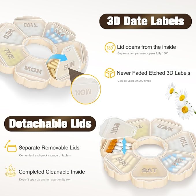 Enlarged Weekly Pill Organizer 7 Day, Daily Pill Box with Never Faded Etched 3D Date Labels, Travel Pill Case with Large Compartment for Medication, Vitamin, Fish Oil, Supplements-Beige