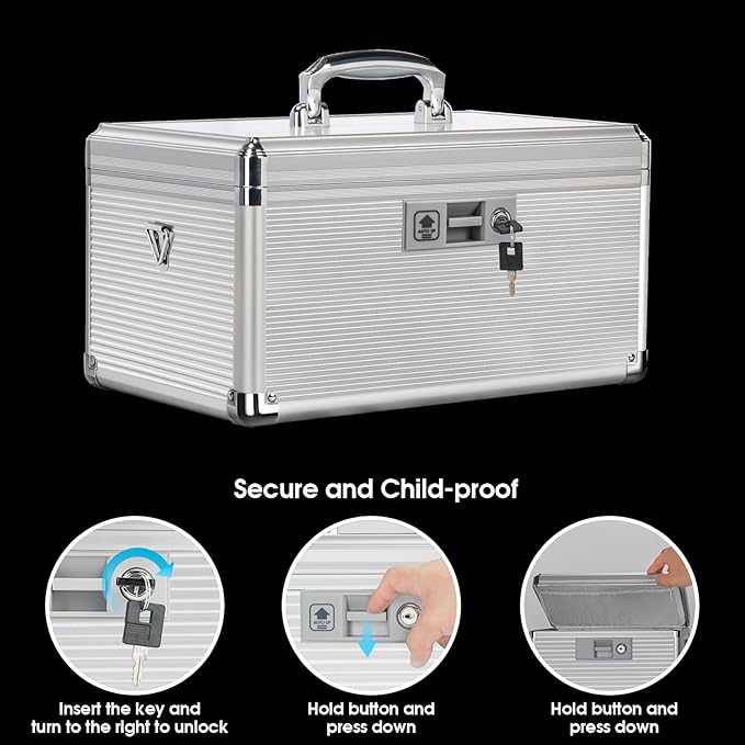 Medicine Lock Box with Key, Alluminum Alloy Box for Medication,First Aid Box with a Removeable Tray to Store Medicines & Pills for Home, Silver, 16 * 9.25 * 7.48 Inch