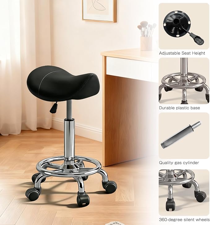 Saddle Stool with Wheels, Adjustable Rolling Stool Chair with Back Support, Ergonomic PU Leather Saddle Chair for Salon, Massage, Tattoo, Medical, Spa, Office (Black, 1PCS)
