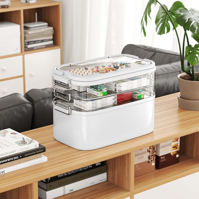 NiHome Home & Travel 4-Tier Medicine Storage Box with Portable Pill Case, Durable Adjustable Compartments, Moisture-Resistant Lid, Secure Handles for Pill Organization, Vitamins, Supplements (White)