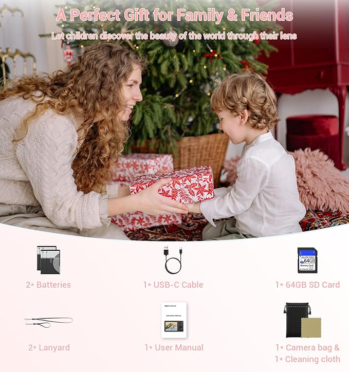 Digital Camera,Upgraded FHD 4K Pink Digital Camera for Teens Girls,Compact Digital Cameras with 64GB Memory Card,2 Batteries,Small Camera with 16X Autofocus Digital Zoom for Vlogging