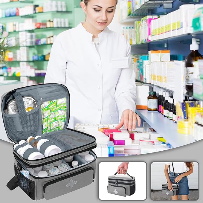 Medicine Storage Bag, Medical Bag Pill Bottle Organizer for Emergency, Medicine Box Empty with Small Portable Pouch, First Aid Box for Travel and Home Storage, Grey