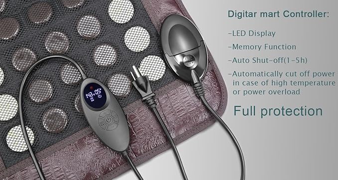 Far Infrared Heating Pad for Back and Shoulder, Jade & Tourmaline Stones, EMF-Reducing, Deep Warming Heat Mat with Adjustable Temperature & Timer for Home Relaxation(2025 Upgraded)