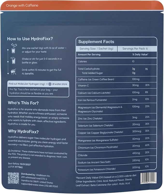 HydroFixx Hydrogen + Electrolytes Mix - Variety Pack | H2 Hydration with Molecular Hydrogen, Sodium, Potassium, Magnesium | LemonLime, MixBerry, Orange Caffeine | 6 Count (6, Orange Caffiene)