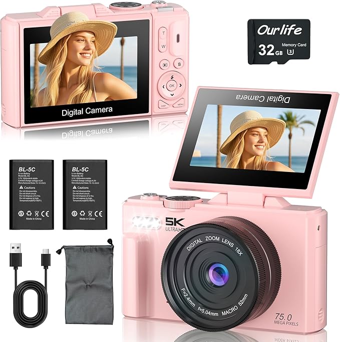 Ourlife Cameras for Photography,5K 75MP Autofocus Vlogging Camera for YouTube with 18X Zoom,3" 180°Flip Screen Selfie Digital Camera Compact Travel Camera for Beginner Teens,2*Battery(32GB Card)