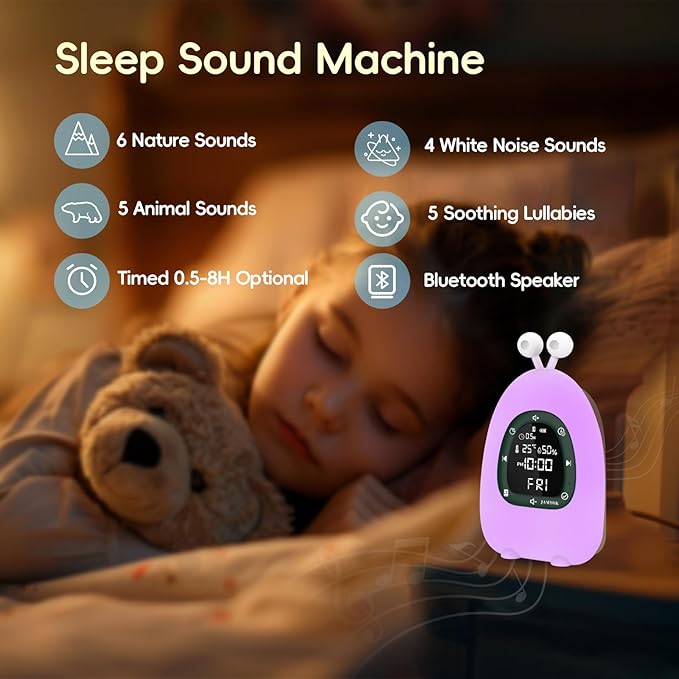 Sunrise Alarm Clock Wake Up Light, White Noise Sound Machine with 20 Soothing Sounds, 10 Night Lights, Bluetooth Speaker/Temp & Humidity/Rechargeable, Dimmable Clock Gift for Baby Kids Adults