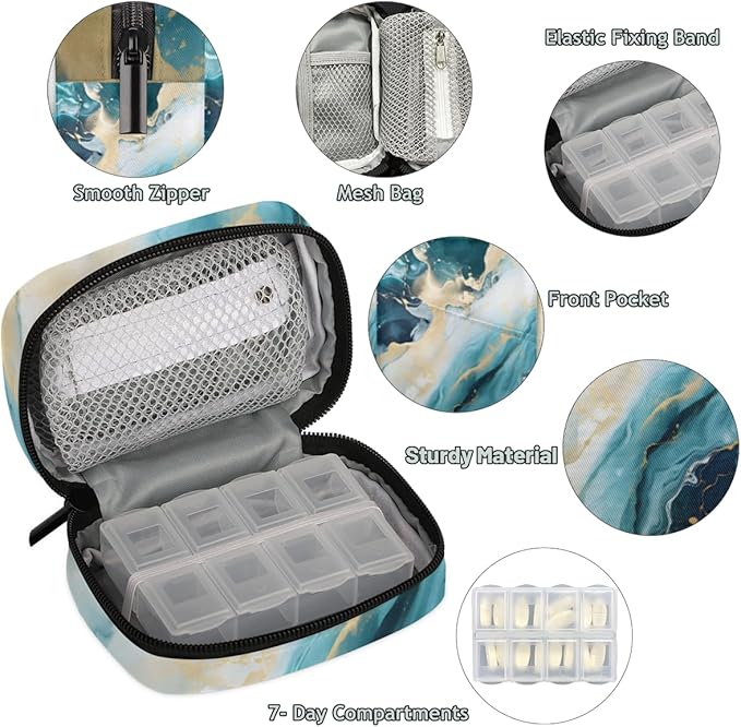Portable Pills Organizer for Purse, Pill Cases Organizers 7 Day Medicine Travel Case, Personal Week Pill Organizer Cute Zipper Medication Bag Containers for Vitamin, Supplement (Blue Marble)