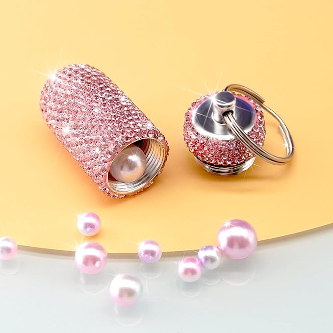 Yuchew Bling Pill Case Pill Container Rhinestone Pill Box Portable Waterproof Pocket Pill Holder Storage Bottle with Keychain for Travel, Outdoor, Camping (Pink)