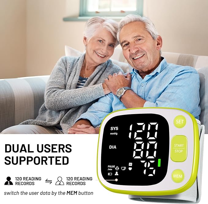 Oklar Blood Pressure Monitors for Home Use Rechargeable Wrist Digital BP Machine Cuff with LED Backlit Display, Voice Broadcast, 240 Memory Storage for 2 Users with Carrying Case, Green