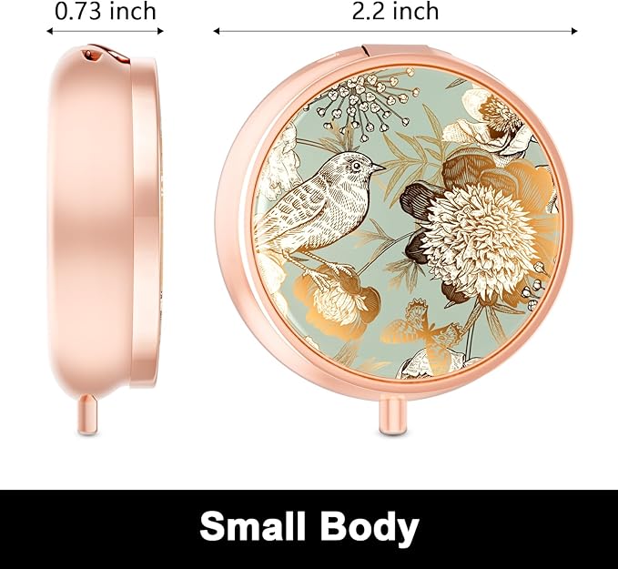 Rouidr Pill Box, 3 Compartment Medicine Pill Case, Small Metal Travel Medicine Box for Purse & Pocket, Rose Gold, Blooming Flowers