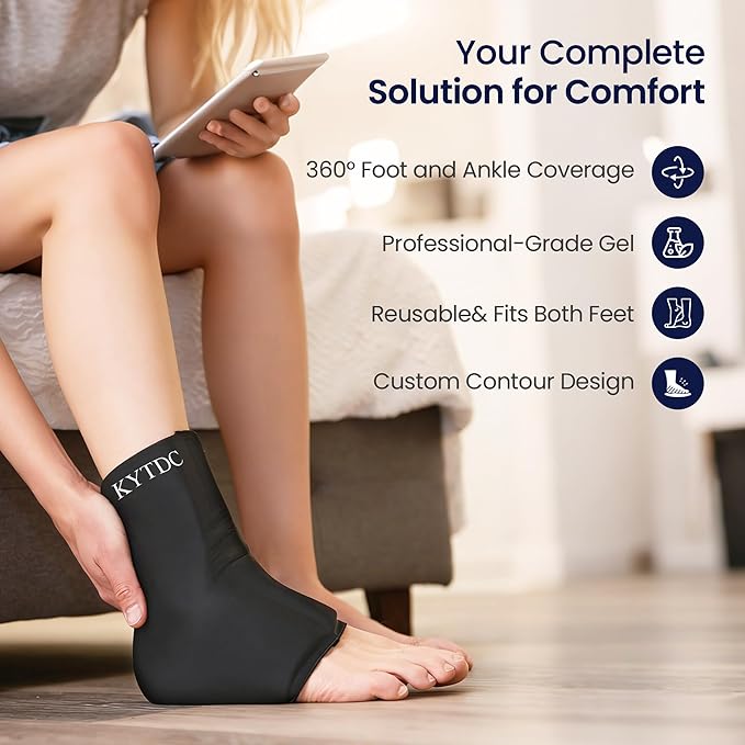 Ankle Ice Pack Wrap Reusable Gel Cold Compression Sleeve for Swelling, Sprained Ankle, Achilles Tendonitis & Plantar Fasciitis Relief （Black，Large）