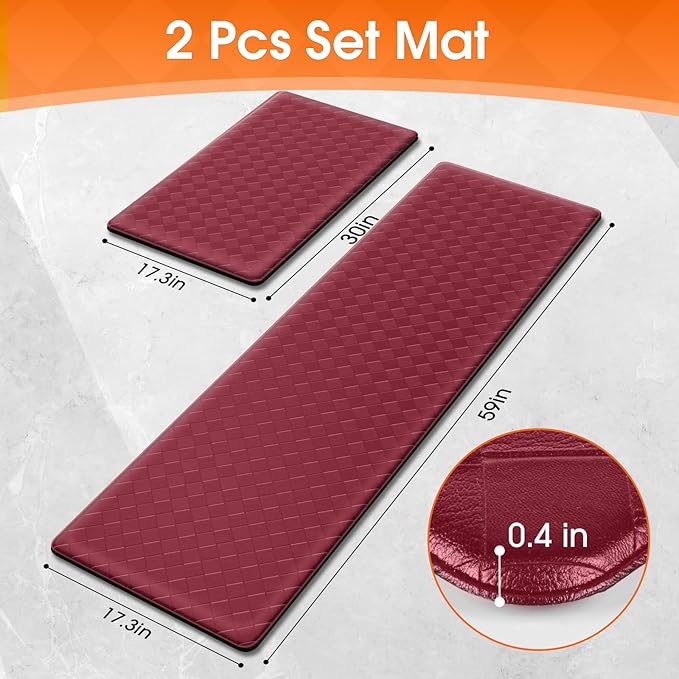 Kitchen Mats, 2PCS Kitchen Rugs, Cushioned Anti Fatigue Kitchen Mats for Floor, Non-Slip Standing Desk Mat, Waterproof Kitchen Rug Set for Kitchen Floor Office,17.3"×30"+17.3"×59" Red