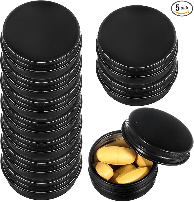 5 Pcs Metal Pill Box Portable Pill Case Round Travel Pills Organizer Box Aluminium Alloy Pills Container for Purse Daily Medicines Storage Boxes to Hold Small Things (Black)
