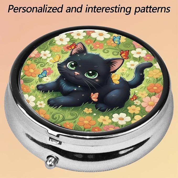 Round Pill Case Small Pill Box with Mirror Pocket 3 Compartment Vitamin Pill Medicine Case Organizer Pill Containers for Traveling Garden Cute Black Cat